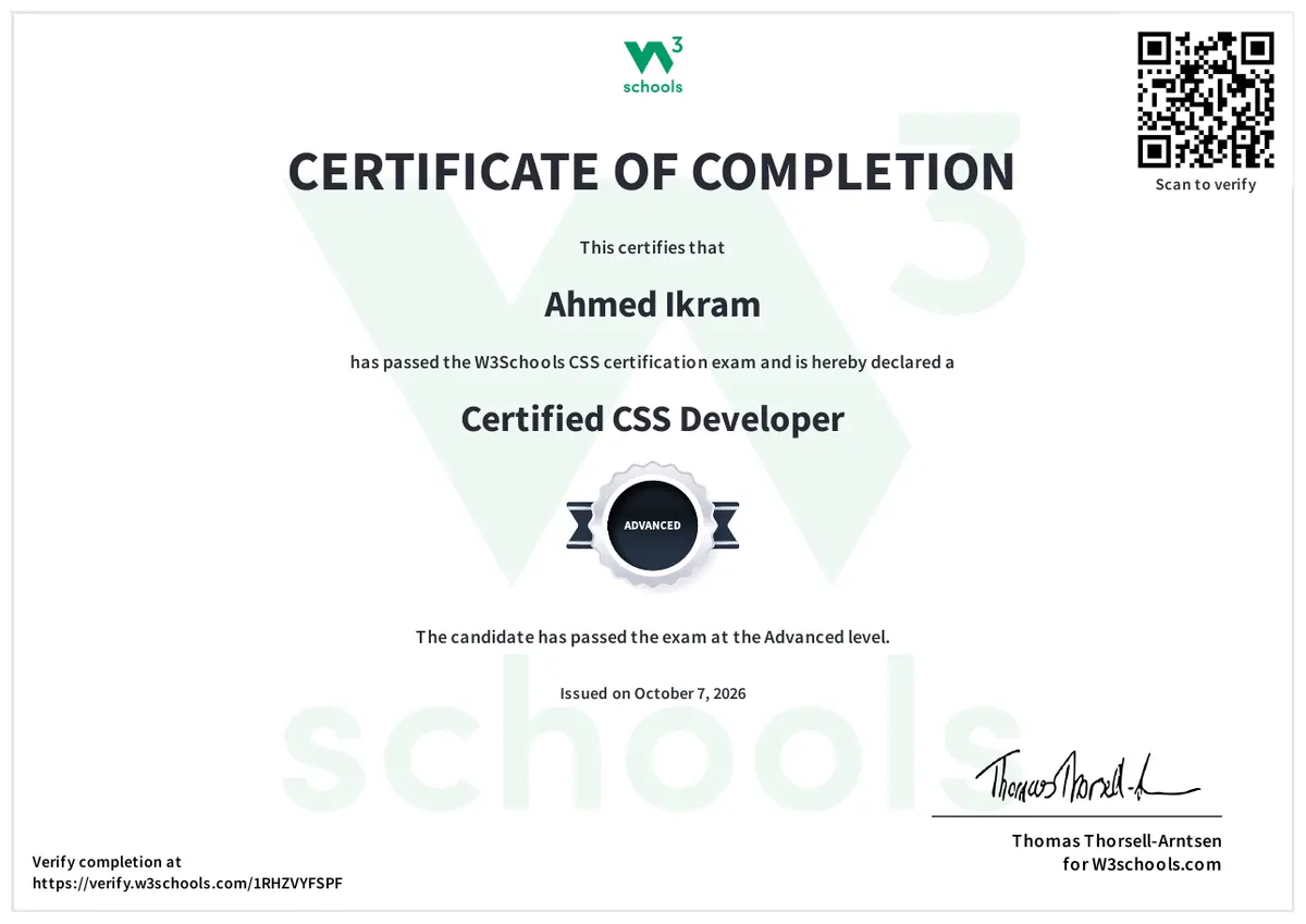 W3Schools Certified CSS Developer certificate issued to Ahmed Ikram